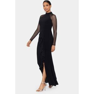 Betsy & Adam Women's Long Sheer Sleeve Mock NeckStretch Scuba Crepe Sheath Gown